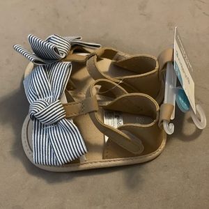 Size 2 (3-6 Months) Goldbug Tan Sandal With A Denim White & Silver Pinstripe Bow